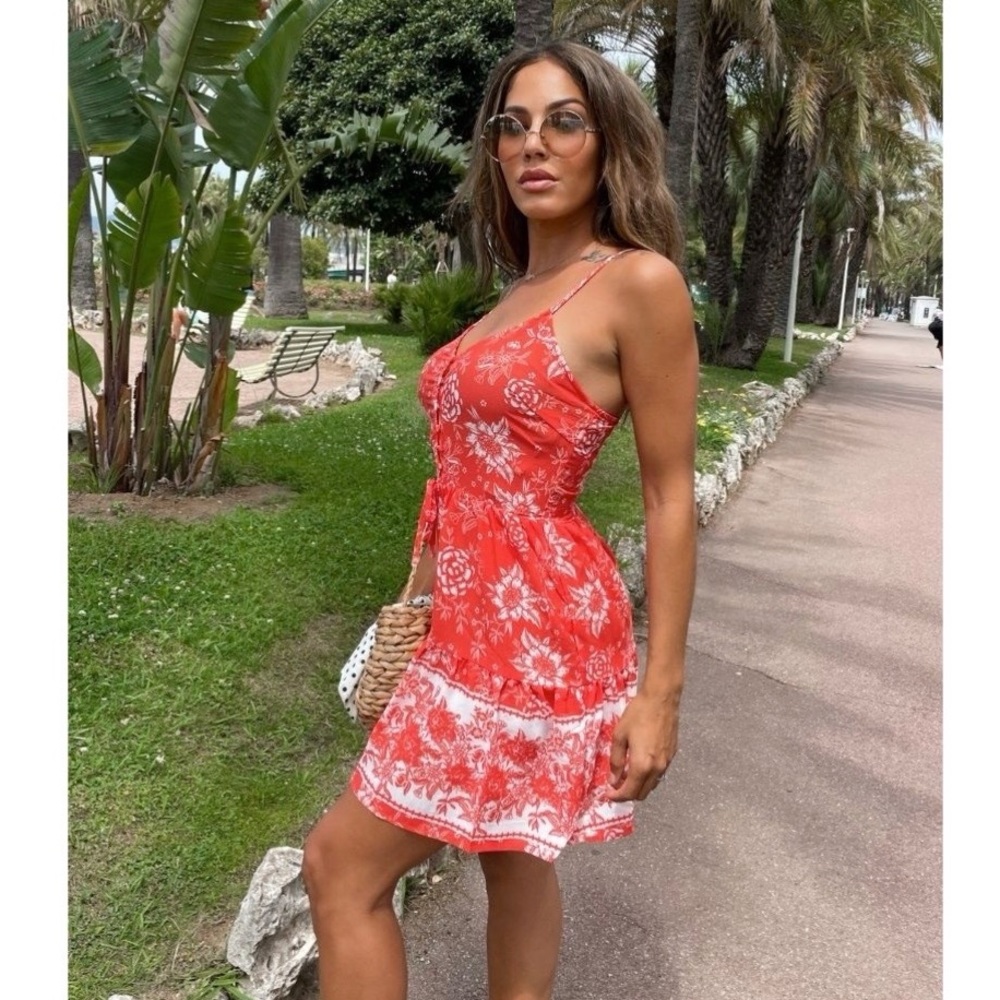 Red Floral Print Scarf Print Sleeveless V-Neck Tiered Mini Dress - Picture 10 of 11